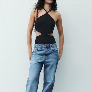 NWOT Zara Black Ribbed Cutout Halter Neck Bodysuit, Size Small
